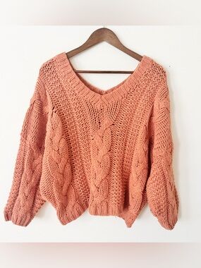 FAVLUX Rust Cable Knit V-Neck Sweater  large